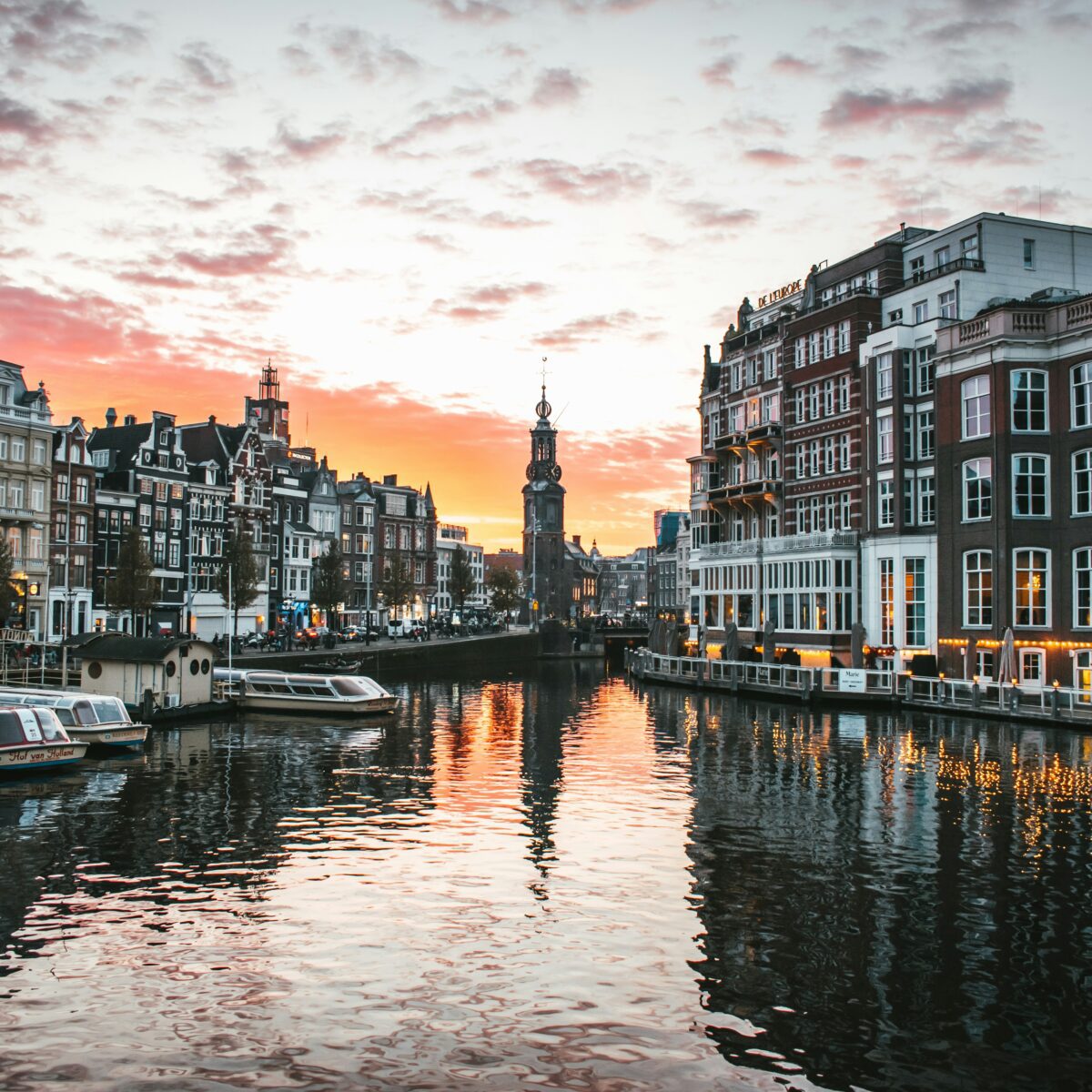 Sunset over Muntplein in Amsterdam